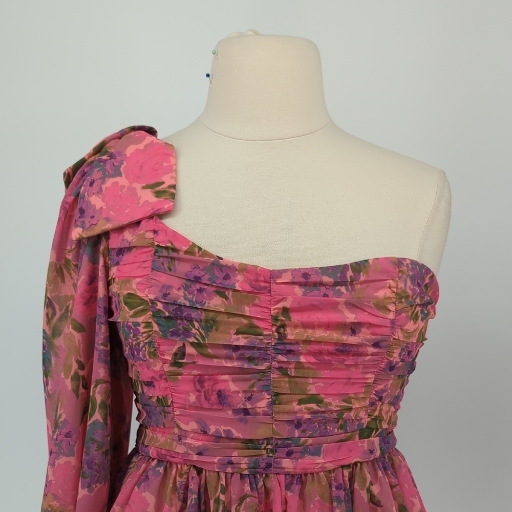 For Love & Lemon Floral One Shoulder Mini Dress Pink 1X party cocktail 80s 90s - Picture 3 of 11